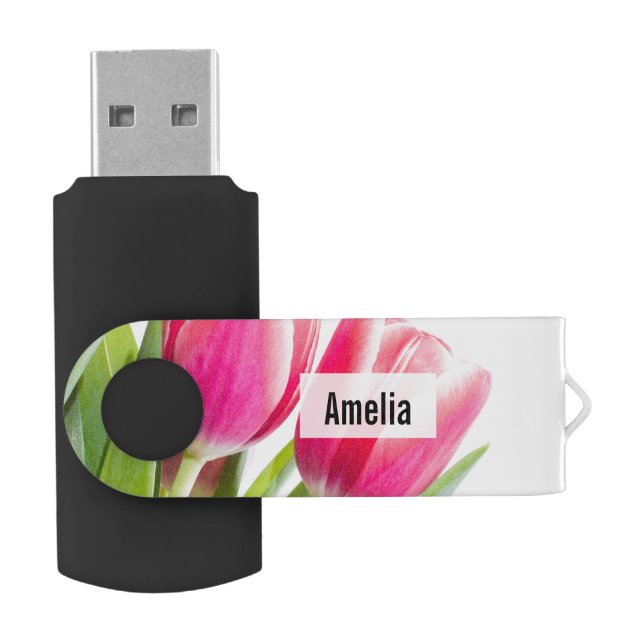 Pink Tulips with Green Leaves Photo Flash Drive (Opened)