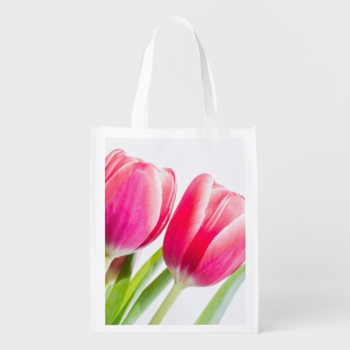 Pink Tulips with Green Leaves Photo Grocery Bag