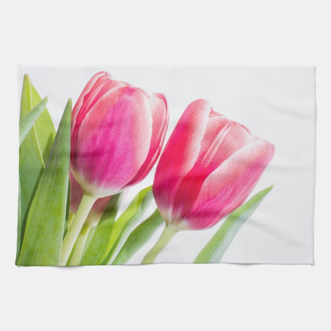 Pink Tulips with Green Leaves Photo Kitchen Towel (Horizontal)