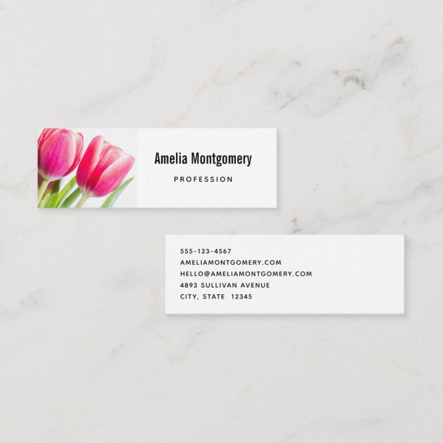 Pink Tulips with Green Leaves Photo Mini Business Card (Front/Back)