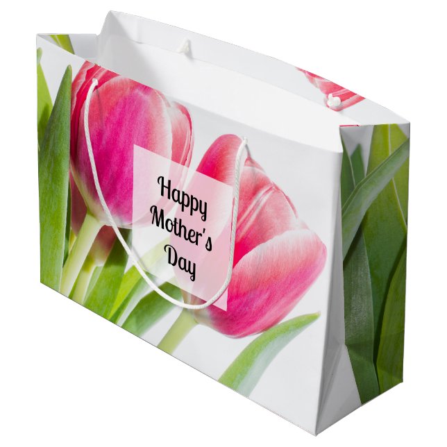 Pink Tulips with Green Leaves Photo Mother's Day Large Gift Bag (Back Angled)