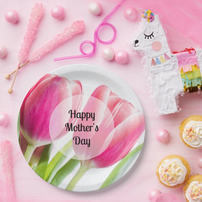 Pink Tulips with Green Leaves Photo Mother's Day Paper Plates (Party)