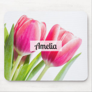 Pink Tulips with Green Leaves Photo Mouse Pad