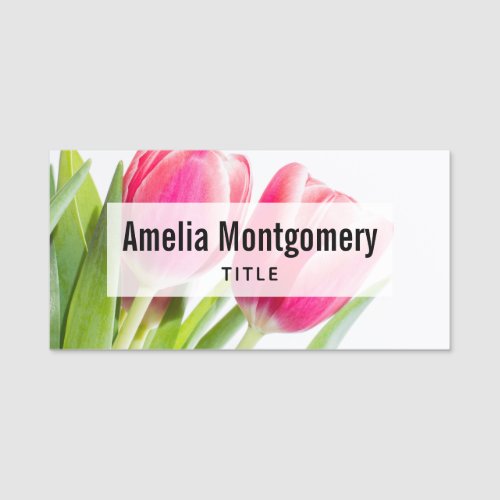 Pink Tulips with Green Leaves Photo Name Tag