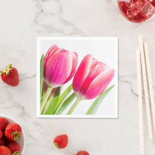 Pink Tulips with Green Leaves Photo Napkins