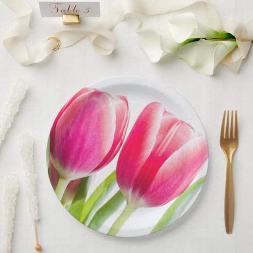 Pink Tulips with Green Leaves Photo Paper Plates