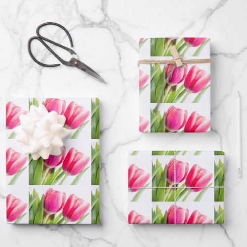 Pink Tulips with Green Leaves Photo Pattern Wrapping Paper Sheets