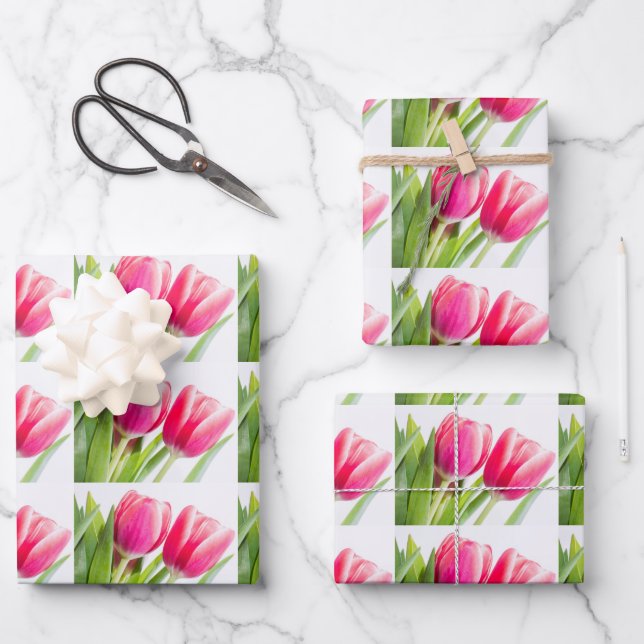 Pink Tulips with Green Leaves Photo Pattern Wrapping Paper Sheets (Front)