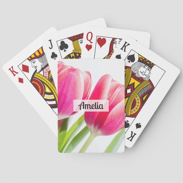 Pink Tulips with Green Leaves Photo Poker Cards (Back)