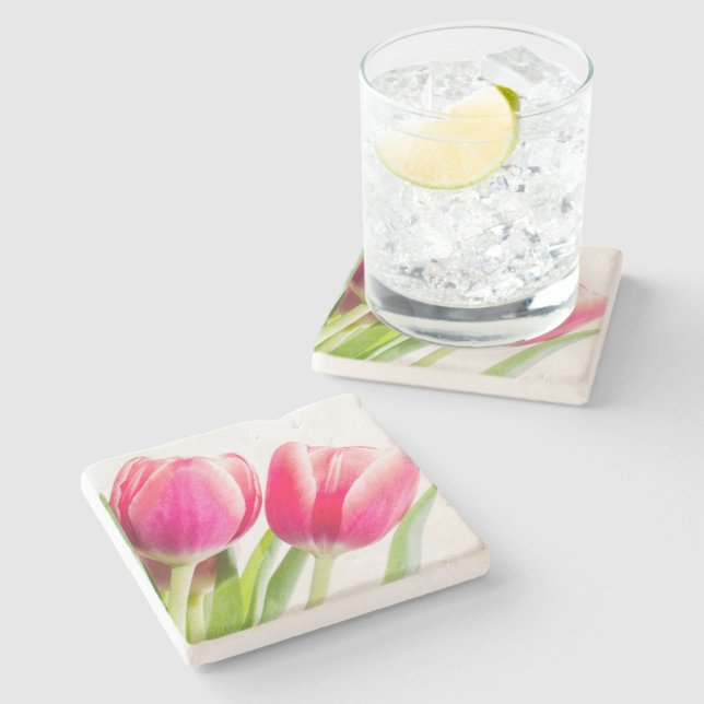 Pink Tulips with Green Leaves Photo Stone Coaster (Side)