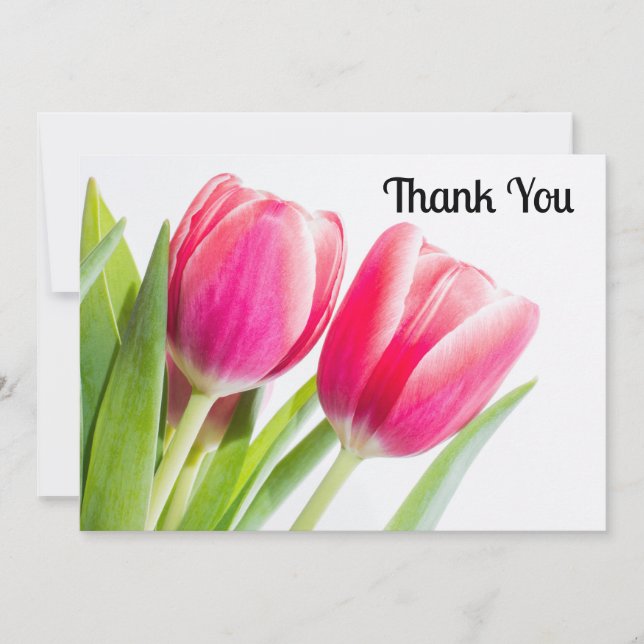 Pink Tulips with Green Leaves Photo Thank You Card (Front)