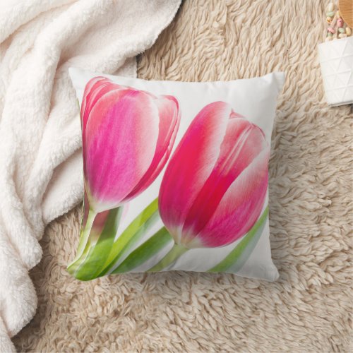 Pink Tulips with Green Leaves Photo Throw Pillow