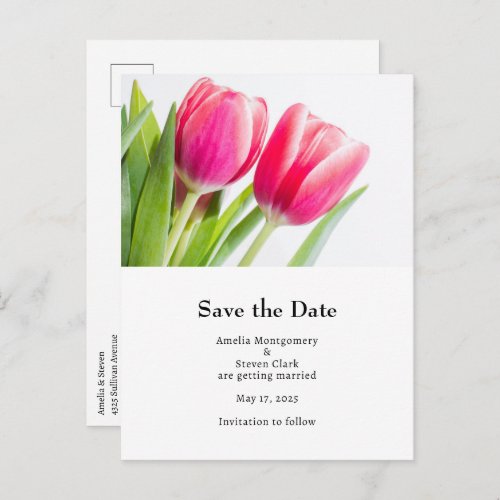 Pink Tulips with Green Leaves Photo Wedding Announcement Postcard