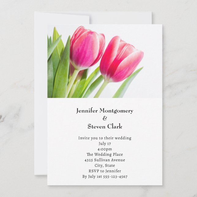Pink Tulips with Green Leaves Photo Wedding Invitation (Front)