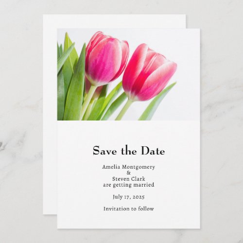 Pink Tulips with Green Leaves Photo Wedding Save The Date