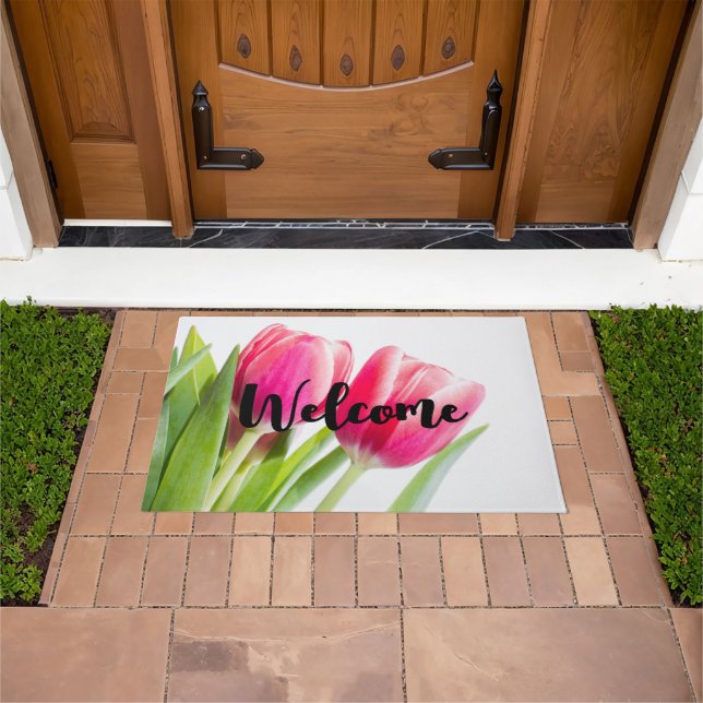 Pink Tulips with Green Leaves Photo Welcome Doormat (Outdoor)
