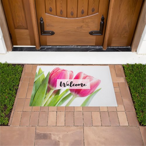 Pink Tulips with Green Leaves Photo Welcome Doormat