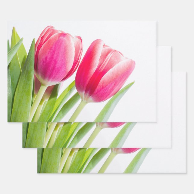 Pink Tulips with Green Leaves Photo Wrapping Paper Sheets (Set)