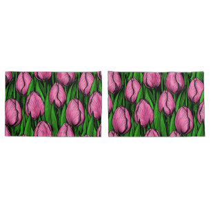 Pink tulips with green leaves pillow case