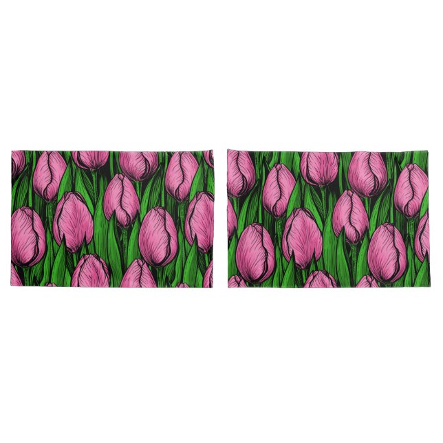 Pink tulips with green leaves pillow case (Back-Set)