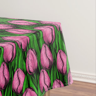 Pink tulips with green leaves tablecloth