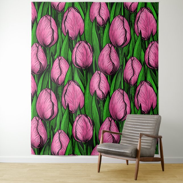 Pink tulips with green leaves tapestry (In Situ)