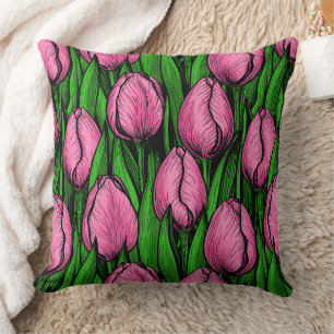 Pink tulips with green leaves throw pillow