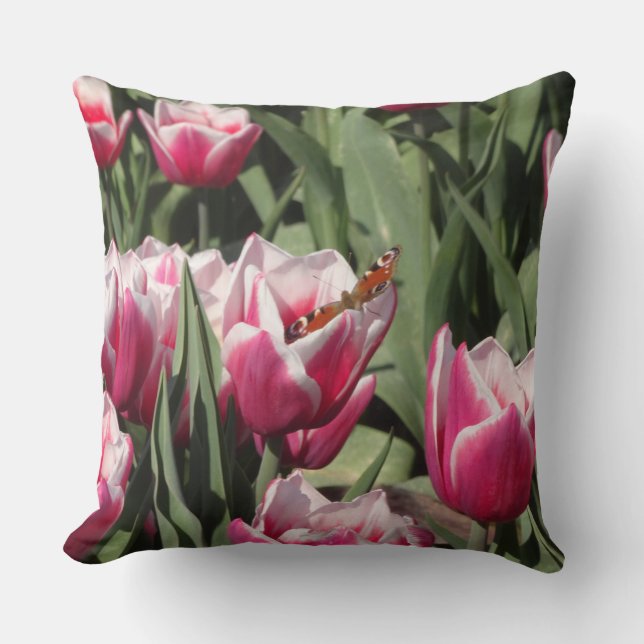 Pink Tulips with Peacock Butterfly Throw Pillow (Front)
