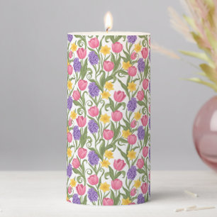Pink Tulips, Yellow Daffodils, Purple Hyacinths Pillar Candle