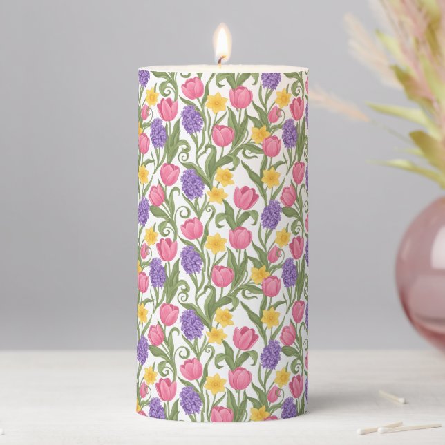 Pink Tulips, Yellow Daffodils, Purple Hyacinths Pillar Candle (In Situ)