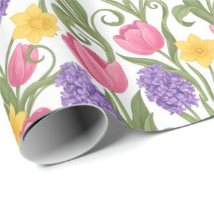 Pink Tulips, Yellow Daffodils, Purple Hyacinths Wrapping Paper
