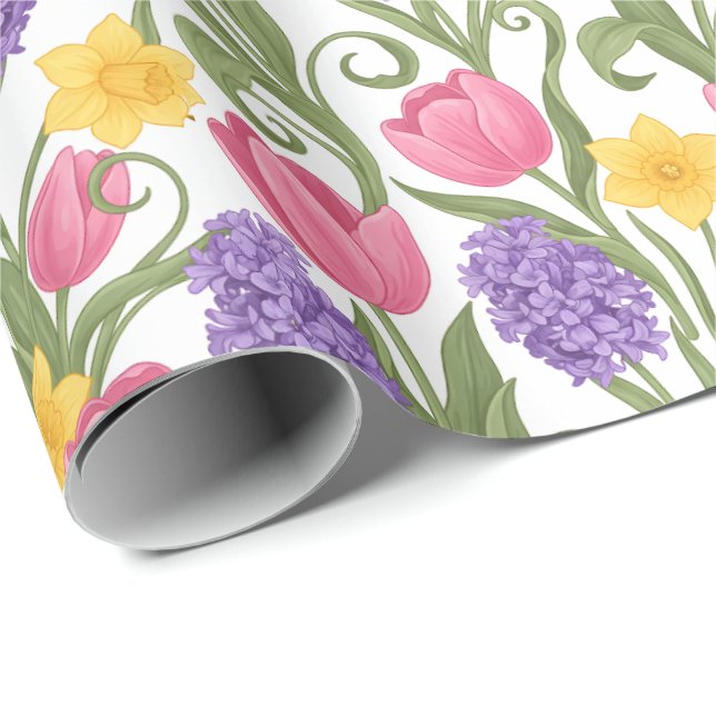 Pink Tulips, Yellow Daffodils, Purple Hyacinths Wrapping Paper (Roll Corner)