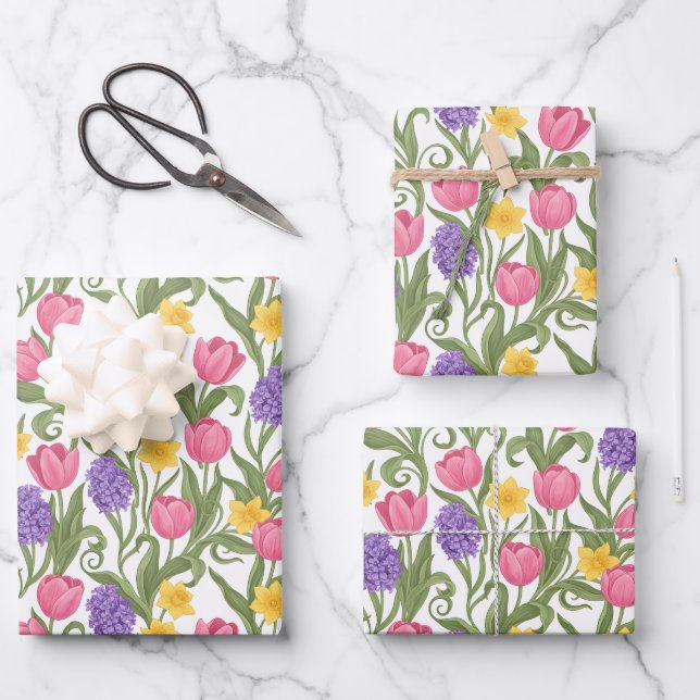 Pink Tulips, Yellow Daffodils, Purple Hyacinths Wrapping Paper Sheets (Front)