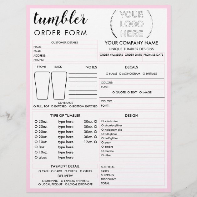 Pink Tumbler Mug Cup Order Form Flyer