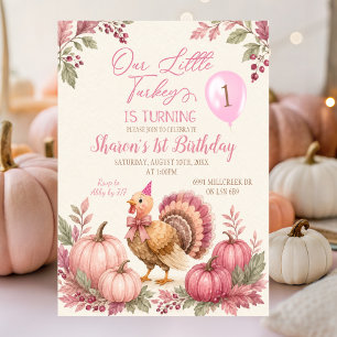 Pink Turkey 1st Birthday Invitation