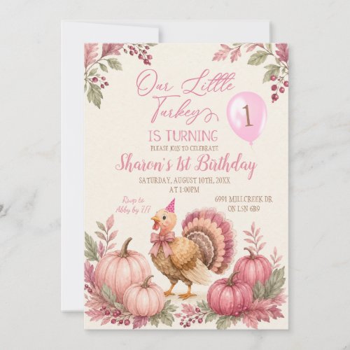 Pink Turkey 1st Birthday Invitation