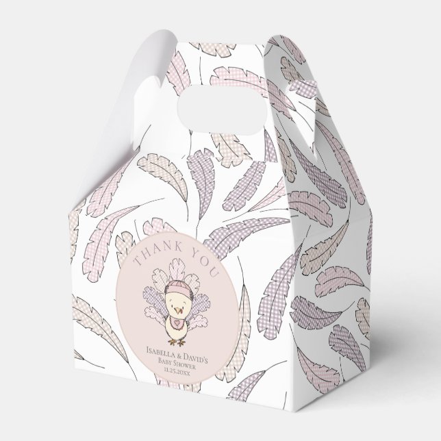 Pink Turkey & Feathers Fall Girl Baby Shower Favor Boxes (Front Side)