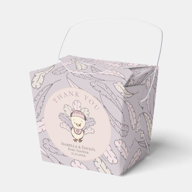 Pink Turkey & Feathers Fall Girl Baby Shower Favor Boxes (Front Side)