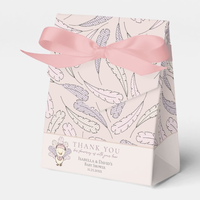 Pink Turkey & Feathers Fall Girl Baby Shower Favor Boxes (Front Side)