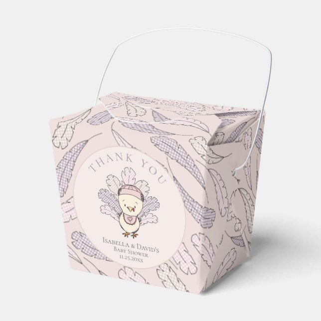 Pink Turkey & Feathers Fall Girl Baby Shower Favor Boxes (Front Side)