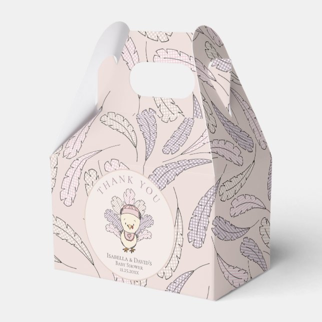 Pink Turkey & Feathers Fall Girl Baby Shower Favor Boxes (Front Side)