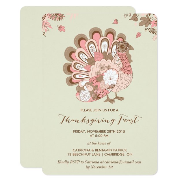 Pink Turkey Floral Thanksgiving Feast Invitation
