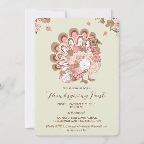 Pink Turkey Floral Thanksgiving Feast Invitation