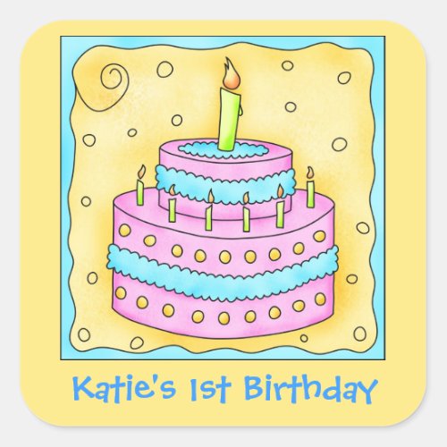 Pink Turquoise 1st Happy Birthday Cake Square Sticker