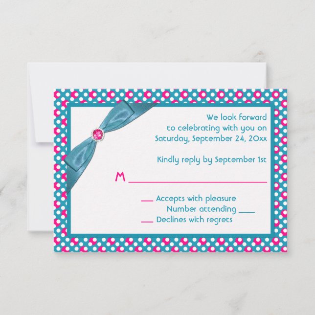 Pink, Turquoise, and White Polka Dot Reply Card (Front)