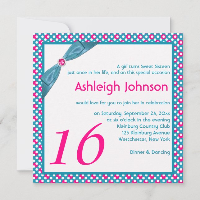 Pink, Turquoise and White Polka Dot Sweet 16 Invitation (Front)