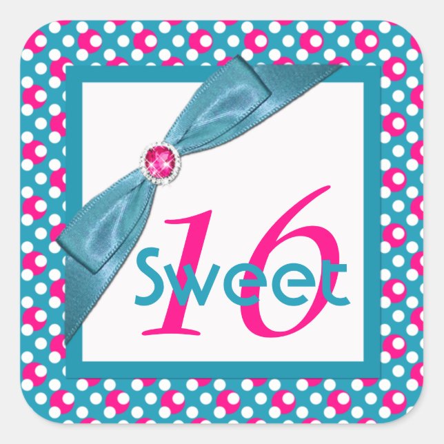Pink, Turquoise, and White Sweet 16 Square Sticker (Front)