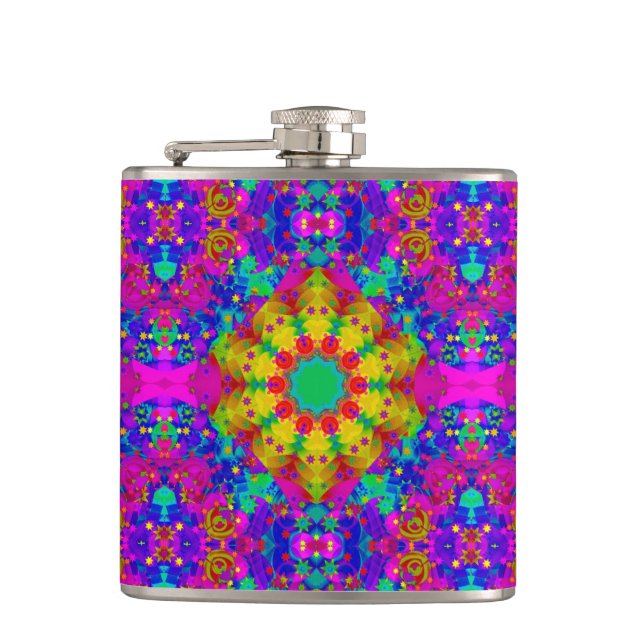 Pink Turquoise and Yellow Retro Pattern Flask (Front)