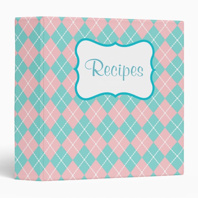 Pink Turquoise Argyle Recipe Binder (Front/Spine)
