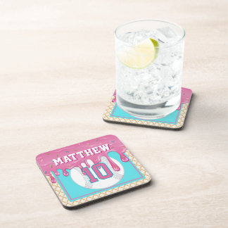 Pink & Turquoise Baseball Drip Birthday Party Beverage Coaster